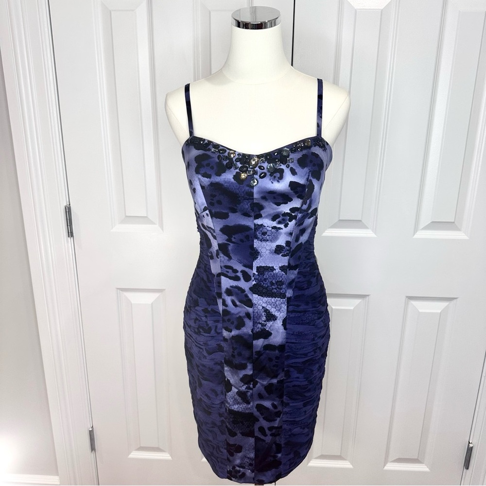 Alberto Makali SILK Blue Bodycon Ruched Wedding Guest Cocktail Mini Dress Size 8